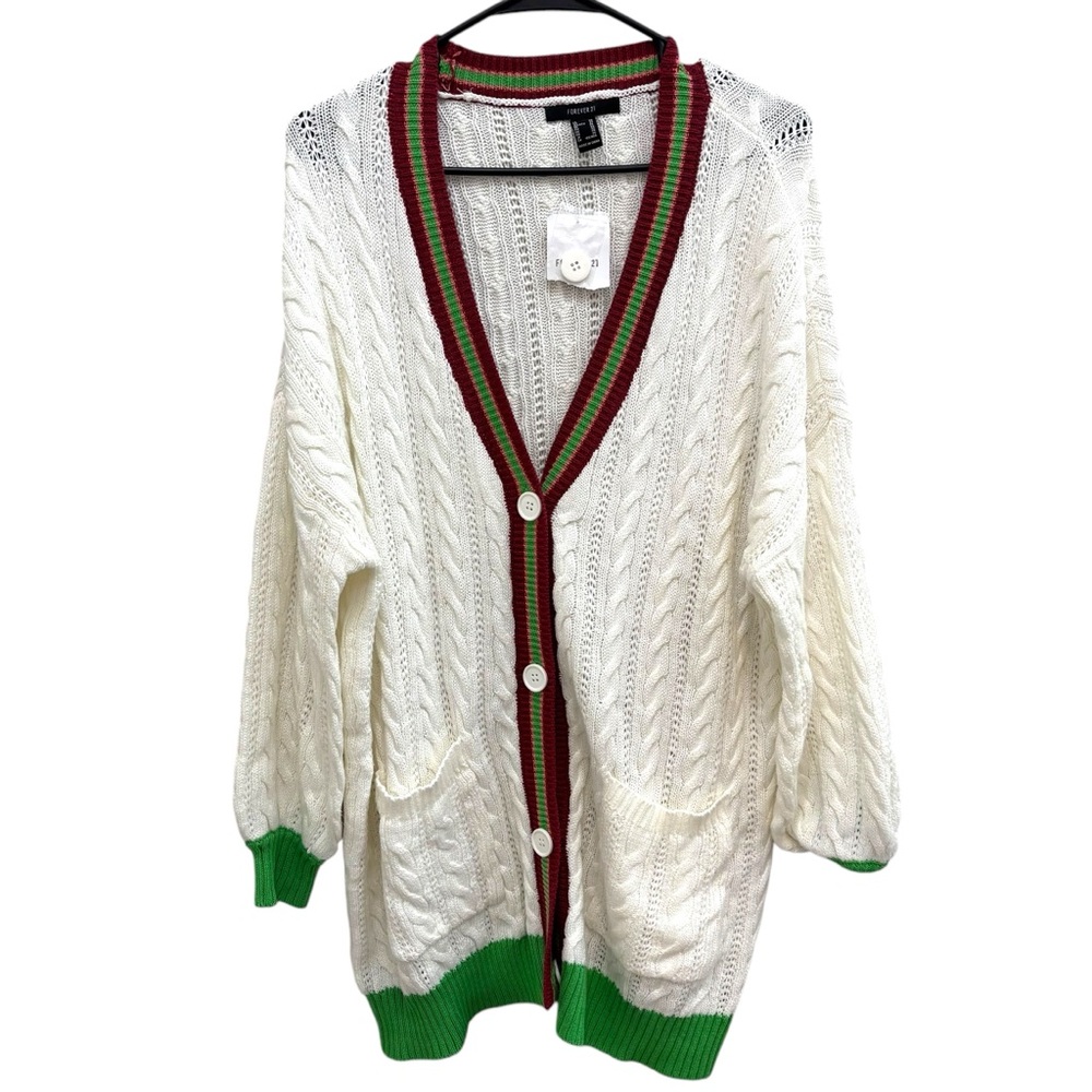 Oversized 90s y2k vintage colorblock cable knit v neck cardigan sweater white